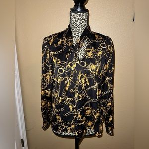 NWOT Persaya Blouse Black/Gold pullover with tie around neck size Small